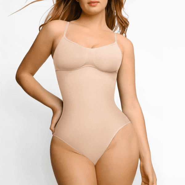 Body modelador bege feminino com alças finas, roupa íntima modeladora, ajuste confortável