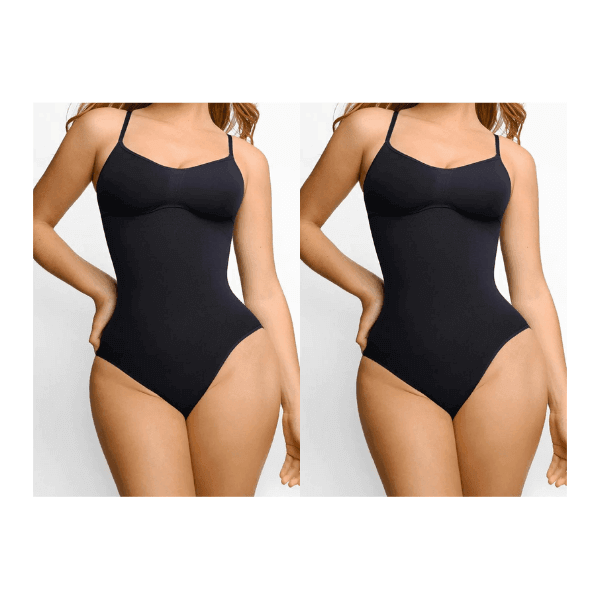 Antes e depois de mulher usando body modelador preto, realce de silhueta feminina