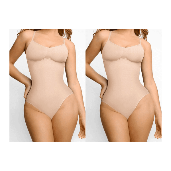 Body modelador bege feminino com alças finas, mostrando frente e lateral do produto.