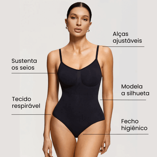 Body modelador preto com alças ajustáveis, tecido respirável e fecho higiênico.