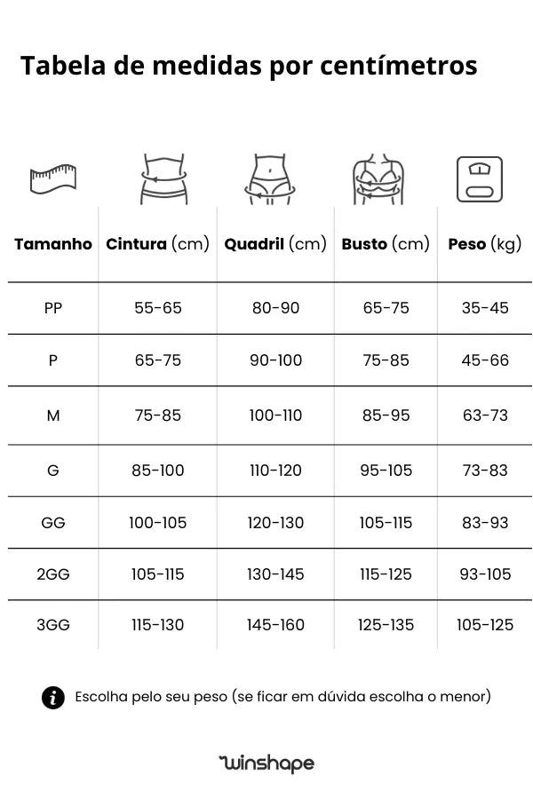 Tabela de medidas em centímetros para roupas femininas, tamanhos de PP a 3GG, com cintura, quadril, busto e peso.