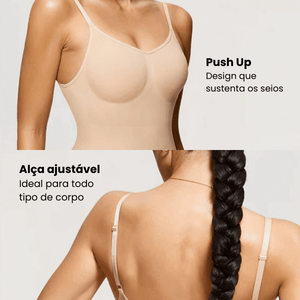 Body modelador bege feminino com bojo push up e alça ajustável, ideal para sustentação.